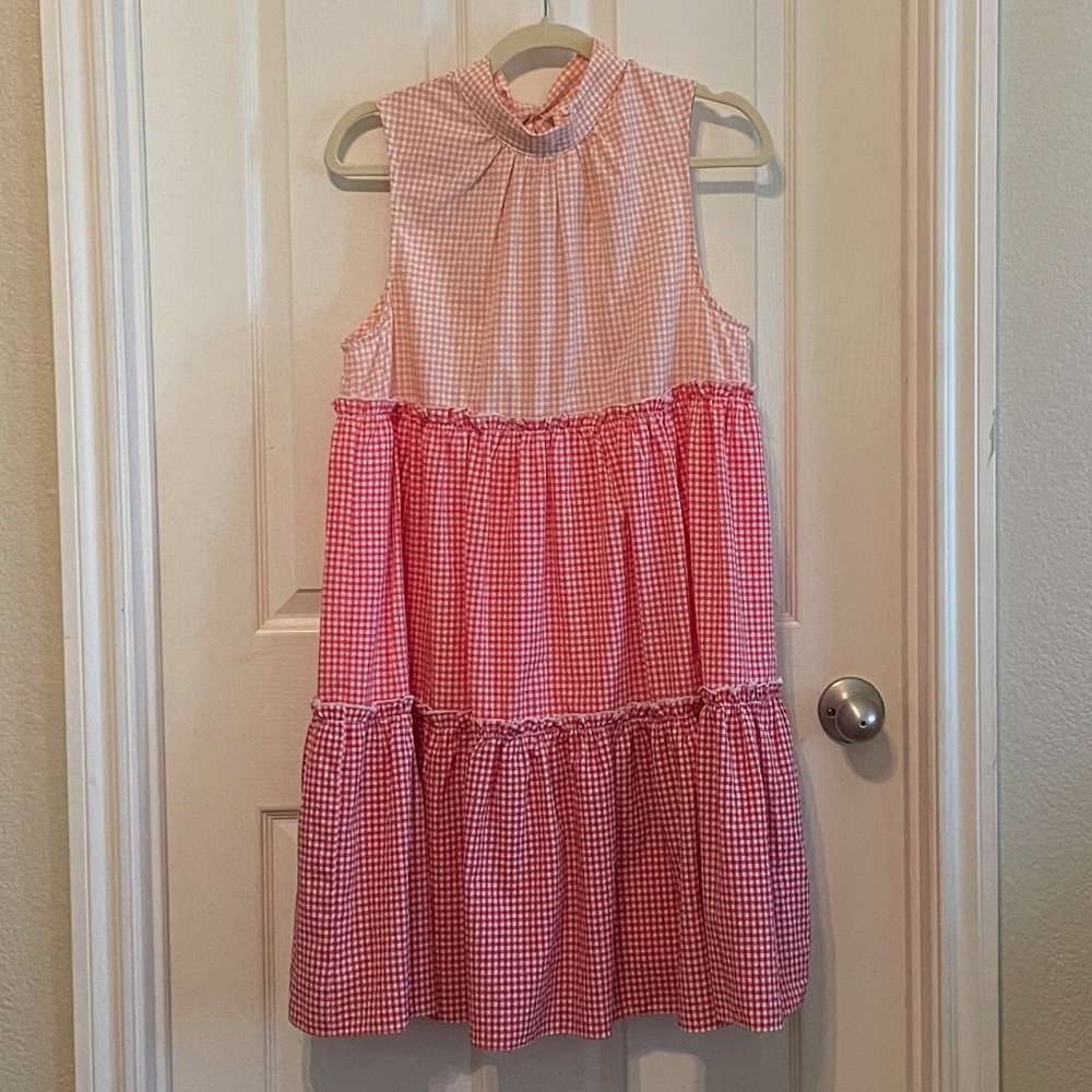 English Factory tiered midi dress in pink, red and white gingham